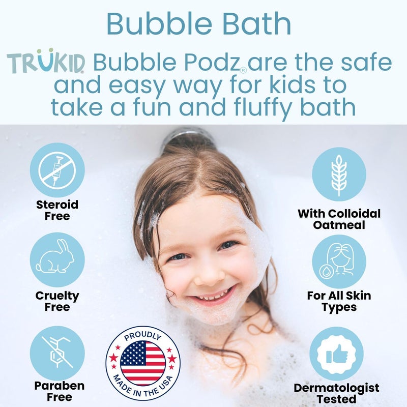TruKid Bubble Podz Bubble Bath for Kids, Toddlers, & Babies, NEA-Accepted for Eczema, Gentle Refreshing Colloidal Oatmeal Bath Bomb for Sensitive Skin, pH Balanced, Tear Free, Unscented (60 Podz) - Image 4